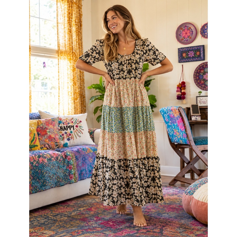 Natural Life Mixed Floral Tiered Maxi Dress Cotton Boho Patchwork Flowy Sz L